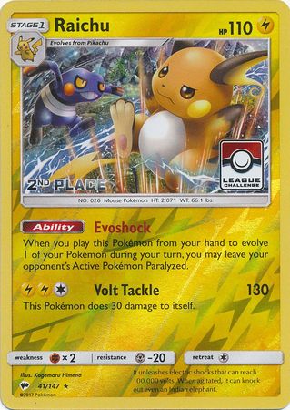 Raichu (41/147) (League Promo 2nd Place) [Sun &amp; Moon: Burning Shadows] 