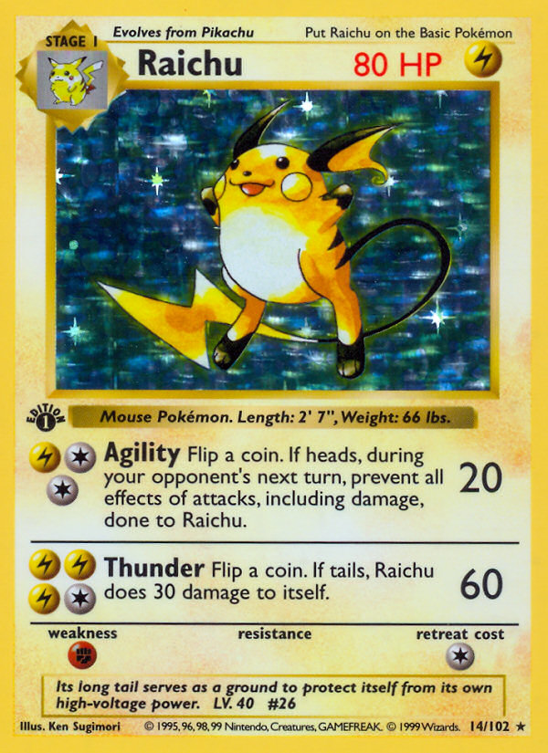 Raichu (14/102) (Shadowless) [Base Set 1st Edition] 