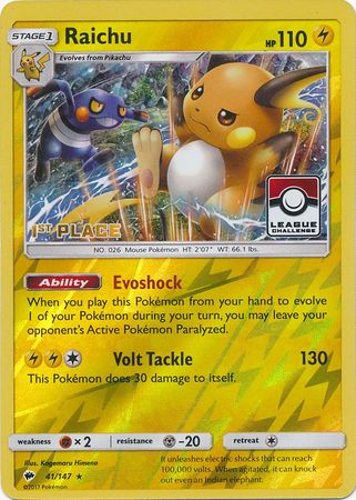 Raichu (41/147) (League Promo 1st Place) [Sun &amp; Moon: Burning Shadows] 