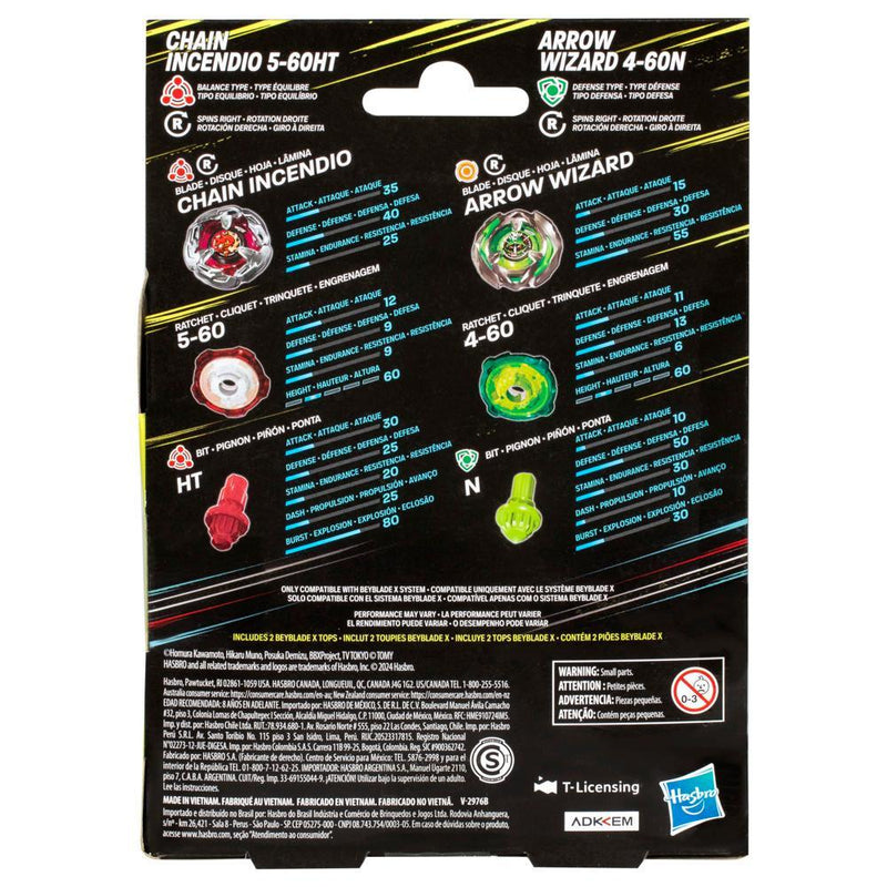 Beyblade X - Dual Pack - Chain Incendio 5-60HT (Balance Type) / Arrow Wizard 4-60N (Defense Type)