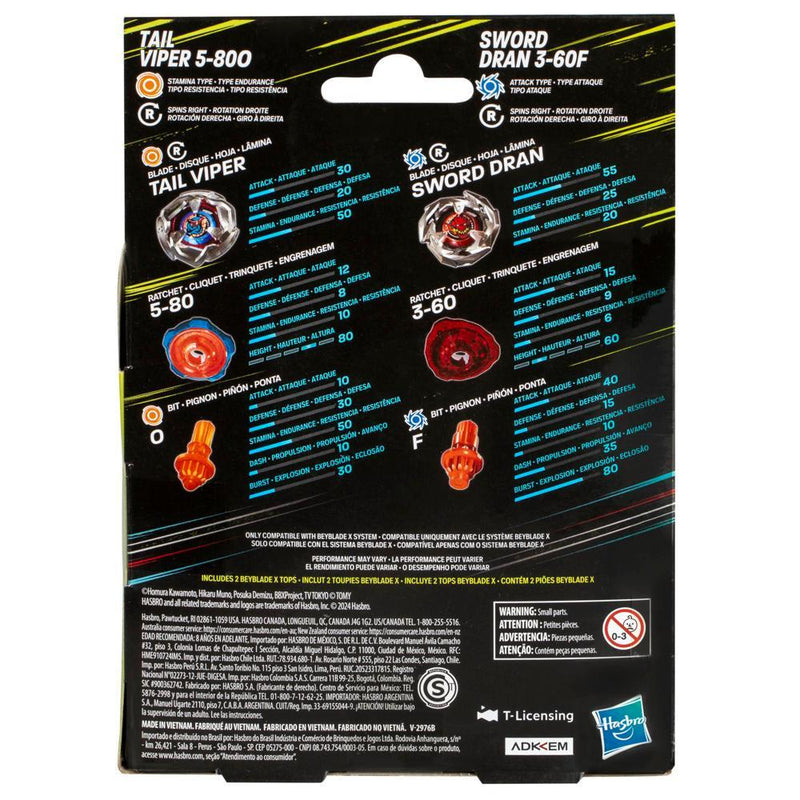 Beyblade X - Dual Pack - Tail Viper 5-80O (Stamina Type) / Sword Dran 3-60F (Attack Type)