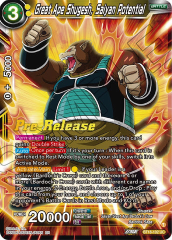 Great Ape Shugesh, Saiyan Potential (BT18-102) [Dawn of the Z-Legends Prerelease Promos] 