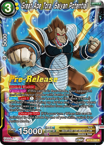Great Ape Tora, Saiyan Potential (BT18-098) [Dawn of the Z-Legends Prerelease Promos] 